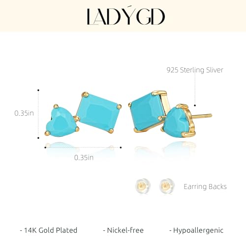 Turquoise Stud Earrings for Women, 14K Gold Plated Created Gemstone Minimal Design Everyday Boho Jewelry Gifts - style: Heart Square