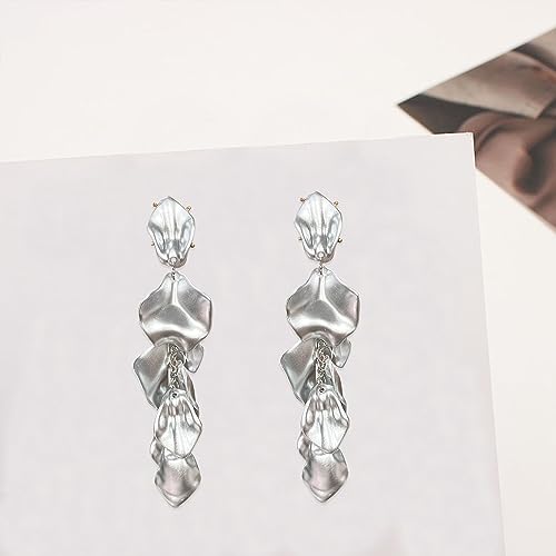 Long Acrylic Rose Petal Earrings Dangle Exaggerated Flower Earrings Drop Statement Floral Tassel Earrings for Women - color: Silver