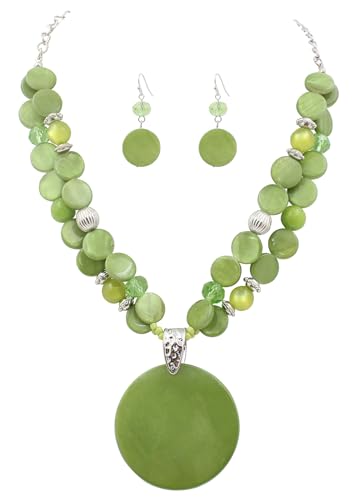 Layered Beads Statement Fashion Necklace Chunky Jewelry Set Big Colorful Glass Stone Circle Shell Pendant Choker Necklace and Earring Set for Women - color: Green