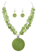 Layered Beads Statement Fashion Necklace Chunky Jewelry Set Big Colorful Glass Stone Circle Shell Pendant Choker Necklace and Earring Set for Women - color: Green