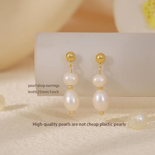 Pearl Earrings for Women, Dainty Wedding Bridal Earrings 14k Gold Plated CZ Pearl Drop Earrings for Women Trendy Hypoallergenic Unique Gold Drop Earrings Fashion Prom Jewelry - color: Gold-F