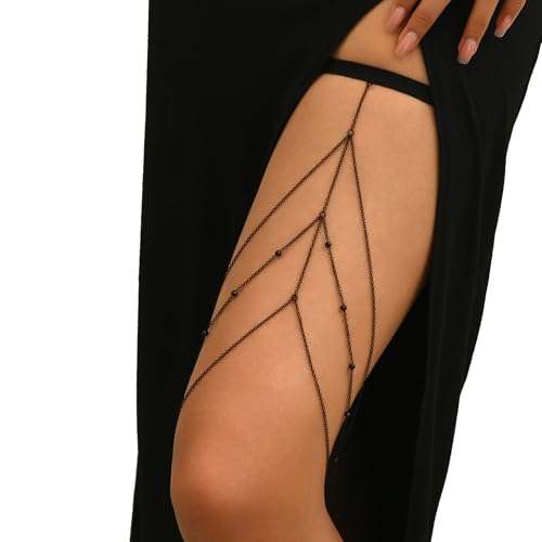 Summer Beach Leg Body Jewelry,Bohemian Elastic Band Leg Thigh Chain Bikini Multi-layered Bead Thigh Chain Accessory Jewelry for Women - color: Black