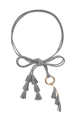 TeeYee Women Girls Multi Colors Braided Waist Tie Belt/Rope/Chain with Tassel Fringe Wrap Cloth Belts for Ladies Dress Pants - color: 286grey