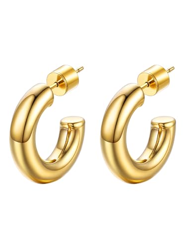 Stainless Steel Chunky Hoop Earrings For Women, Minimalist and Chic, Black/Gold Plated, Round Hoops Earrings Hypoallergenic, Size: 30mm/40mm/60mm/80mm, Come with Box - color: 2. Gold, size: 20MM