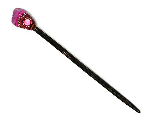 Mia Jewel Shop - Natural Tumbled Healing Gemstone Crystal Chonta Wooden Hair Sticks – Handmade Hair Sticks for Women | Hair Pins Boho Reiki Accessories, Fashion Gifts (Hot Pink Agate) - color: Hot Pink Agate