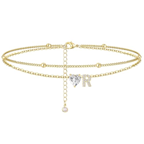 Ankle Bracelets for Women Waterproof 14K Gold Plated CZ Initial Anklet for Women Dainty Layered Letter Heart Ankle Bracelets Handmade Adjustable Foot Chain Anklet Summer Beach Jewelry - color: gold R