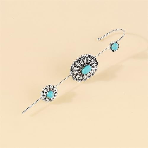 Turquoise Ear Wrap Crawler Hook Stud Earrings for Women Girls Silver Plated Blue Birthstone Flower Long Bar Piercing Ear Cuffs Boho Statement Earrings Bohemian Indian Bollywood Wedding Birthday Christmas Jewelry Gifts - style: Daisy