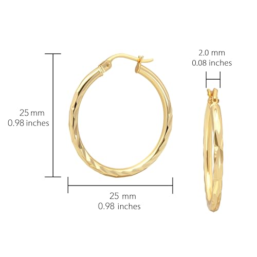 Hoops & Loops 925 Sterling Silver Diamond-Cut Hoop Earrings for Women, 2mm Textured Lightweight Click Top Hoops, 15mm 20mm 25mm 30mm, Silver 14k Yellow Gold & Rose Gold Flash Plated - color: Gold - 25mm (1'')