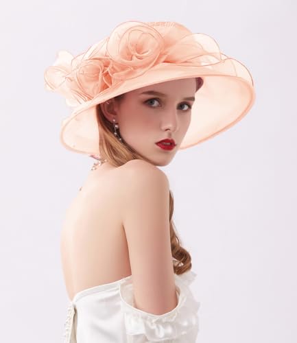 ORIDOOR Women’s Organza Church Tea Party Wedding Fascinator Derby Hat Wide Brim Sun Hats - color: D10-champagne Pink