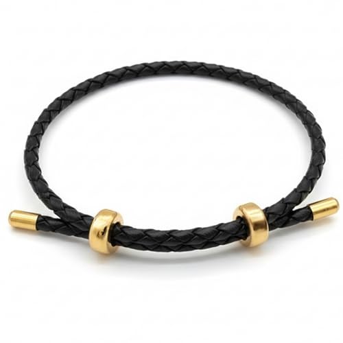 18K Gold Plated Stainless Steel Braided Leather Bracelet for Women - Adjustable Genuine Cowhide Woven Cord Wristband - Boho Minimalist Friendship Jewelry Gift - color: Black