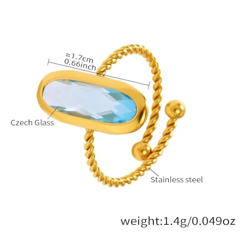 18K Gold Plated Adjustable Twisted Rings for Women Non Tarnish Oval Czech Glass Stone Stainless Steel Statement Rings Open Gemstone Boho Stackable Band Jewelry - color: Light Blue