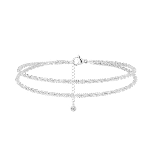 Ankle Bracelets for Women, 14K Gold Anklets for Women Waterproof Cuban Link Chain Layered Anklet Set Gold Ankle Bracelets for Women Summer Beach Foot Jewelry Gifts - color: 2 Silver with Zircon Chain