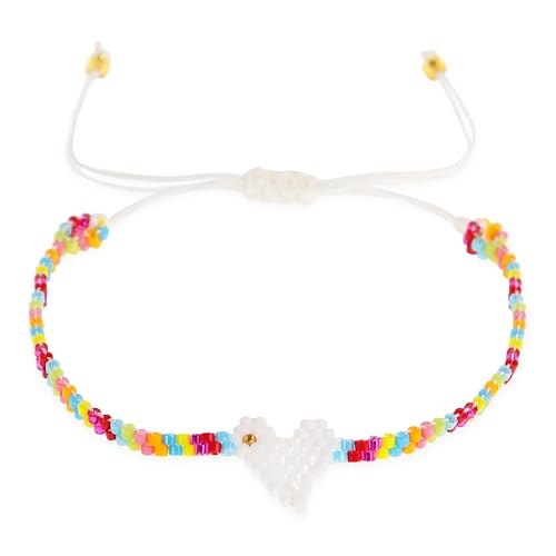 Rainbow Beaded String Braided Bracelets for Women, Summer Boho Handmade Adjustable Beach Waterproof Jewelry Gift - color: White