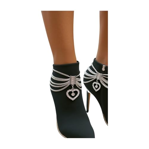 Women Fashion 2 Boot Bracelets Bling Metal Chain High Heel Link Love Heart Charm Silver A PAIR
