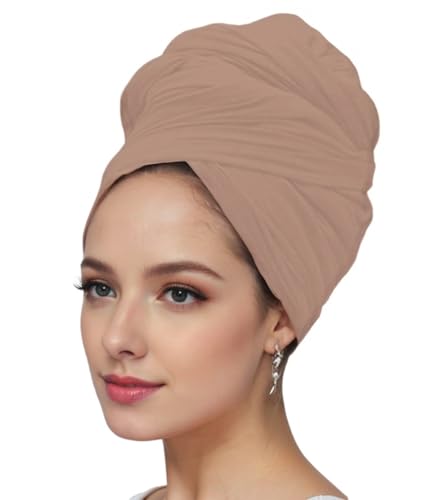 vabovin Head Wraps for Black Women Stretch Jersey Knit Turban Headwrap Solid Color Headscarf Headband Shawl - color: 27- Beige Brown