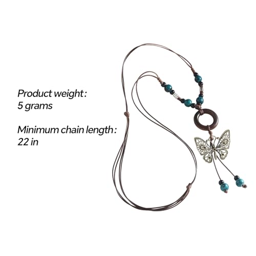 Boho Necklace for Women,Vintage Butterfly Pendant Necklaces,Adjustable Wooden Beads Layered Braided Choker,Fashion Tribal Style Leather Rope Necklace Jewelry,Chunky Statement Gift for Women - color: Bronze-colored