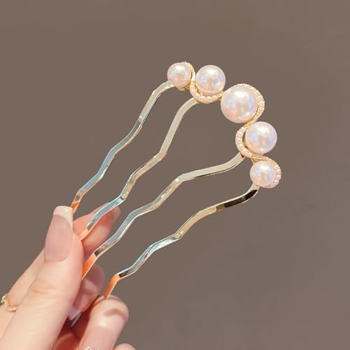 2 Pcs Pearl U Shaped Hair Side Combs for Buns Fashion 4 Prong Hair Updo Hair Sticks Metal Teeth Hair Fork Clips Decoration Hair Styling Accessories (Gold, Black)