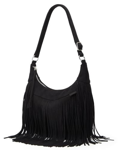 Suede Fringe Crossbody Bag for Women Ladies Stylish Leather Shoulder Bag Purse Handbag Fall Winter Spring - color: Black