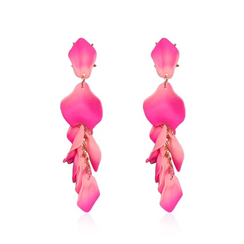 Long Acrylic Rose Petal Earrings Dangle Exaggerated Flower Earrings Drop Statement Floral Tassel Earrings for Women - color: Pink + Hot Pink