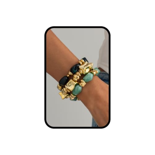 Gold Bracelet Stack For Women, 3Pcs Jade Vintage Chunky Stackable Stretch Boho Western Adjustable Bracelet Stacks Statement Dainty Tarnish Free Waterproof Jewelry Gift - color: Green