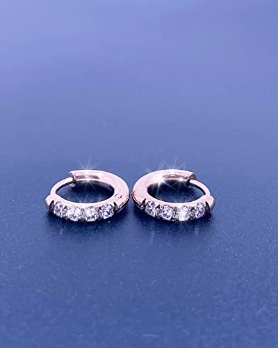 316L Surgical Stainless Steel Huggie Hoop Earrings with Cubic Zirconia, 10G 12G 14G 8-20mm Cartilage Lobe Earrings, 14G Piercing Jewelry - style: 10G 8mm Rose Gold Clear CZ