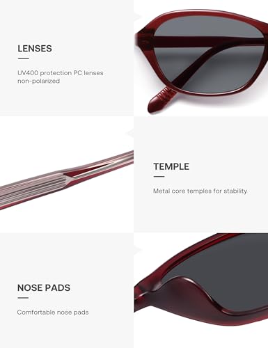 SOJOS Retro Oval Sunglasses for Women Trendy Cat Eye Narrow Chic Y2K 90s Sunnies SJ2685 - color: Burgundy/Grey