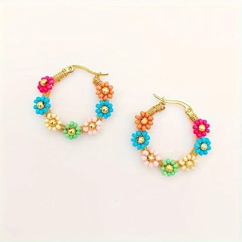 Colorful Rice Beads Flower Hoop Earrings for Women Handmade Beaded Boho Gold Circle Earrings Jewelry Resin Floral Hoop Earring Gift
