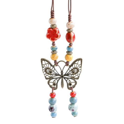 Boho Necklace for Women,Vintage Butterfly Pendant Necklaces,Adjustable Wooden Beads Layered Braided Choker,Fashion Tribal Style Leather Rope Necklace Jewelry,Chunky Statement Gift for Women - color: Colorful5