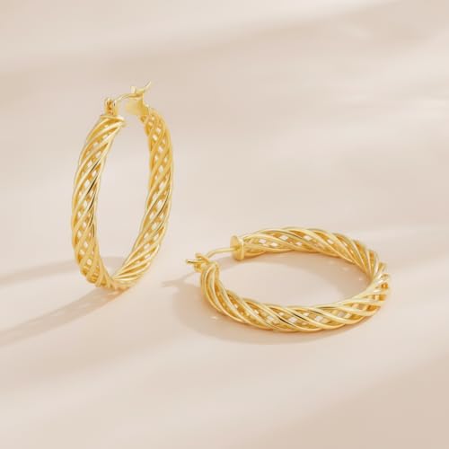 Gold Hoop Earrings for Women 14K Gold Earrings for Women Thick Large Earrings Gold Huggie Earring Womens Lightweight Hypoallergenic - color: Twisted Gold