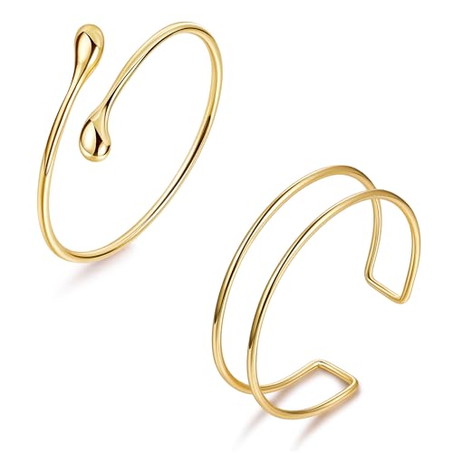 2Pcs Gold Arm Cuff for Women Adjustable Arm Cuff Bracelet Minimalist Open Coil Upper Arm Band Cuff Bangle Set - style: Gold F