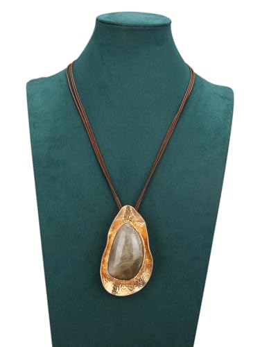 GelConnie Leather Necklace for Women Large Pendant Long Brown Necklace Circle Leather Choker Vintage Sweater Necklace Gold Chunky Boho Necklaces for Women - style: Large Grey Stone Necklace