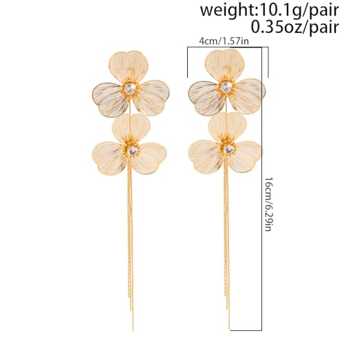 Boho Gold Flower Drop Dangle Earrings for Women Rhinestone Floral Leaf Chandelier Earring Layered Long Tassel Statement Floral Earring Prom Brides Wedding Party Fashion Jewelry Accessary - color: Gold