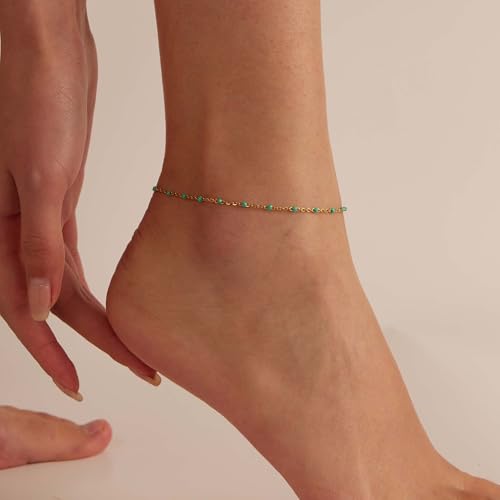 Dainty Ankle Bracelets for Women 18K Gold Plated Satellite Beaded Herringbone Lip Chain Anklets Simple Minimalist Summer Beach Foot Jewelry Christmas Gifts - color: Green Beads-Gold