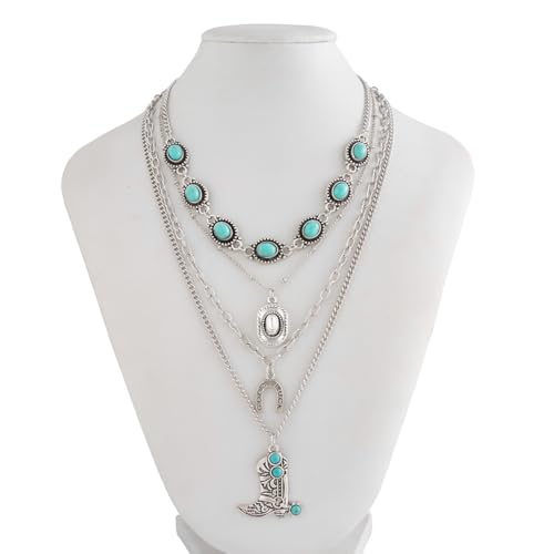 Western Necklaces Boho Layered Charm Necklace for Women Turquoise Beaded Choker Ox-head Pendant Necklace Western Jewelry for Women Cowgirl Accessories - color: Style-H