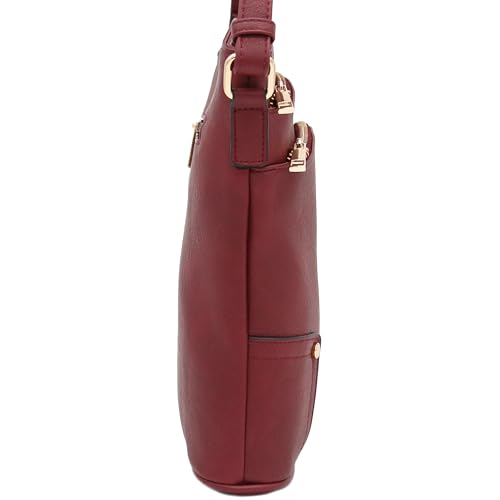 ALYSSA Triple Zip Pocket Large Crossbody Bag - color: Wine