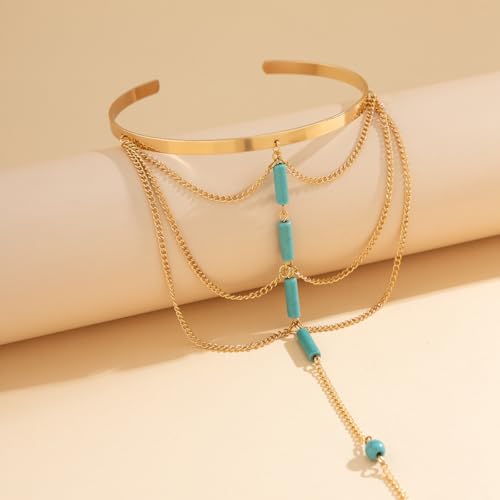 Punk Long Chain Tassel Arm Cuff Boho Turquoise Stone Pendant Arm Bangle Bracelet Vintage Arrow Armlet Open Adjustable Upper Armband Beach Wedding Arm Jewelry for Women - color: Turquoise