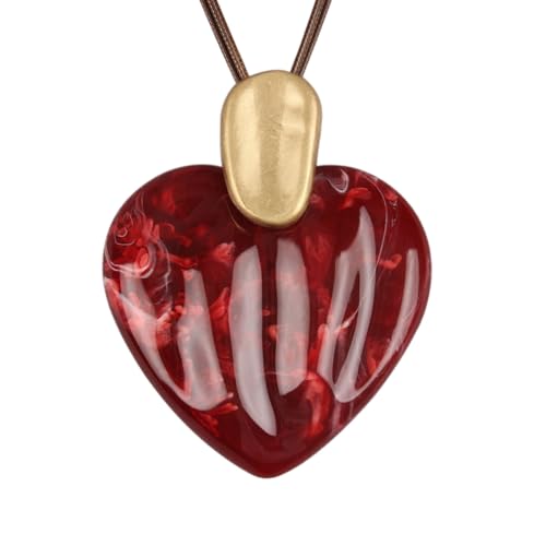 GelConnie Long Necklaces for Women Boho Large Pendant Necklace Casual Bohemian Brown Leather Choker Sweater Circle Statement Stone Necklace - style: Red Heart Gold Necklace