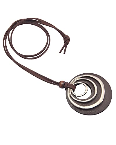 GelConnie Leather Cord Necklace Chain Multilayer Wooden Pendant Necklaces Vintage Jewelry Boho Long Sweater Necklace for Women Men - color: 3 circles Brown Necklace