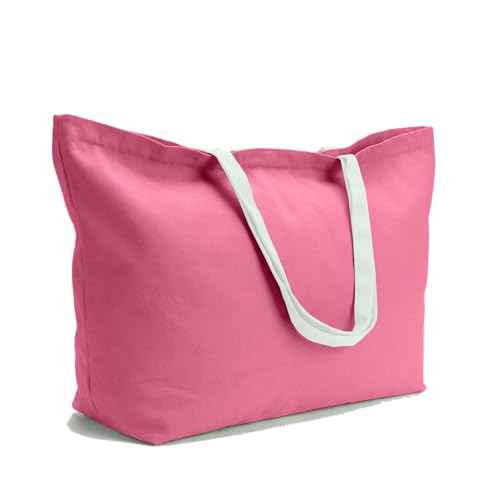 Large Canvas Tote Bag-Extra Big Shopping Beach Totes Bags Reusable Largest Grocery Plain Solid Bag 28"x8"x16" - color: Pink With Zipper