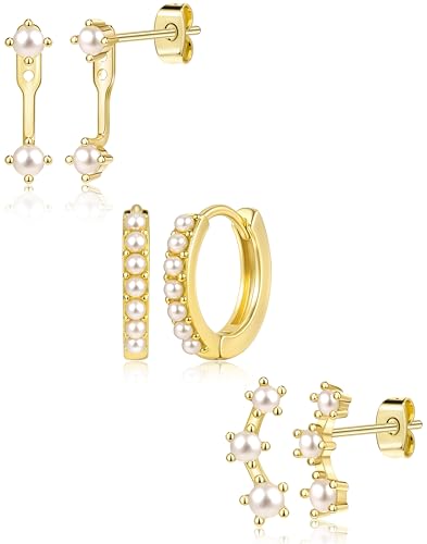 3 Pairs Dainty Small 4th of July Earrings for Women Trendy, Birthstone Stud Huggie Hoop Jacket Stack for Cartilage Helix, Gold Plated Hypoallergenic Cute Women Fashion Accessories Western Jewelry Gifts - color: Created Pearl-Gold