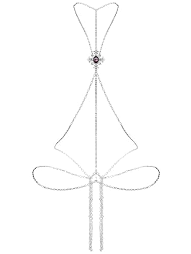 Paloli Gothic Cross Body Chain for Women – Silver Tone Adjustable Waist Body Jewelry, Vintage Filigree Y-Style Harness Necklace for Festival Party Outfit - style: Amethyst Purple