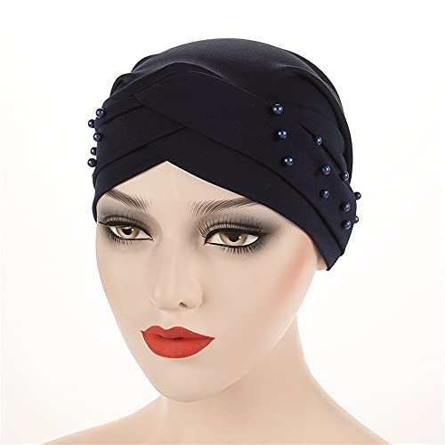 Women Beaded Silky Beanie, Pre-Tied Turban Head Wrap Cap for Chemo Chemical Cancer Hair Loss Cover Hat - color: Navy