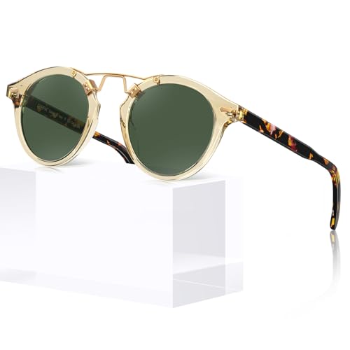 CARFIA Double Bridge Small Acetate Sunglasses for Women Polarized, Retro Metal Brow Ladies Sunnies Fashion Round Eyewears - color: 5. Translucent Yellow Frame Green Lens
