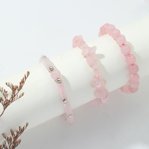 3Pcs Natural Stone Bracelets for Women 8mm Crystal Beaded Bracelets Handmade Stretch Bracelet Healing Crystal Jewelry for Women - style: Rose Quartz