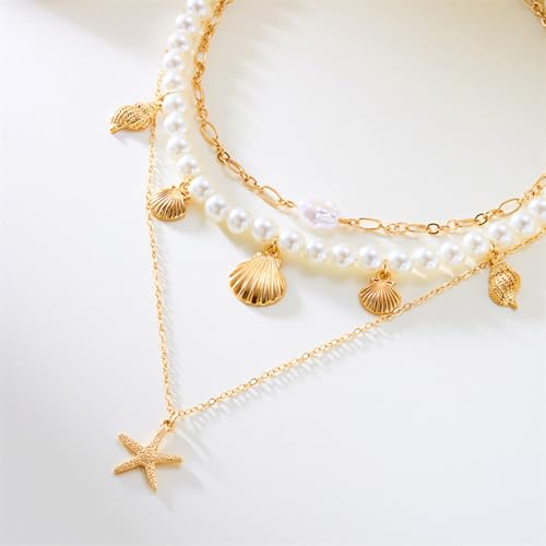 Boho Multi-layered Shell Starfish Necklace Layered Pearl Pendant Choker Necklace Fashionable Clavicle Chain Necklace Seaside Beach Vacation Jewelry for Women - color: Starfish2