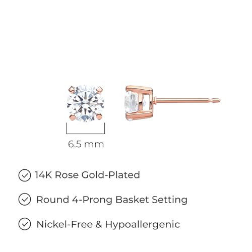Amazon Essentials Plated Sterling Silver Cubic Zirconia Stud Earrings (Round & Princess) - color: White/Rose Gold, size: 6.5 mm, style: Round Cut