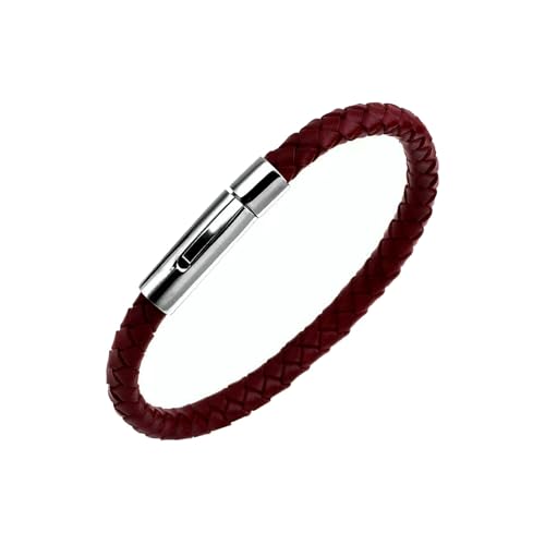 KunBead Braided Mens Leather Bracelets for Women with Stainless Steel Clasp Cuff Bangle Birthday Bracelet - color: Red