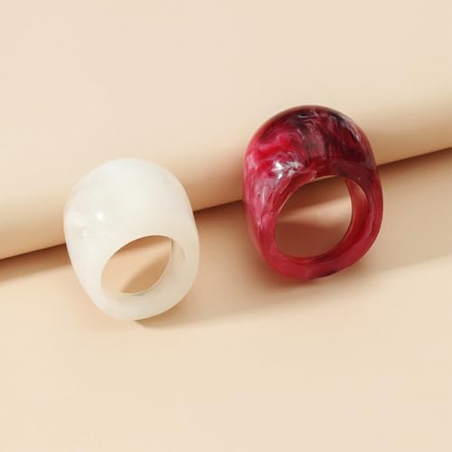 2Pcs Chunky Resin Knuckle Dome Rings Set for Women Dainty Large Y2k Acrylic Finger Nail Ring Pack Big Two Tone Plastic Statement Jewelry Gifts - color: Red