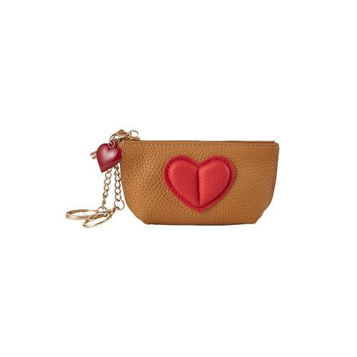 Red Heart Design Small Coin Purse - Cute Compact Keychain Change Purse Soft Leather Wallet with Zipper for Women (Brown) - color: Brown