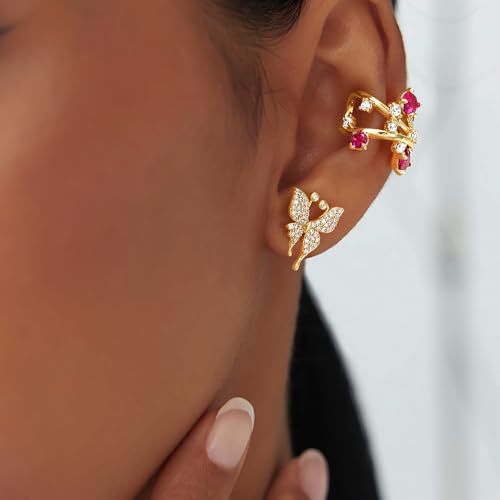 DREMMY STUDIOS Women Ear Cuff Non Piercing | 14K Gold Plated Cubic Zirconia Fake Earrings Wrap Clip on Cartilage Earring | Lightweight Hypoallergenic Jewelry SINGLE EAR CUFF - style: Red Flower